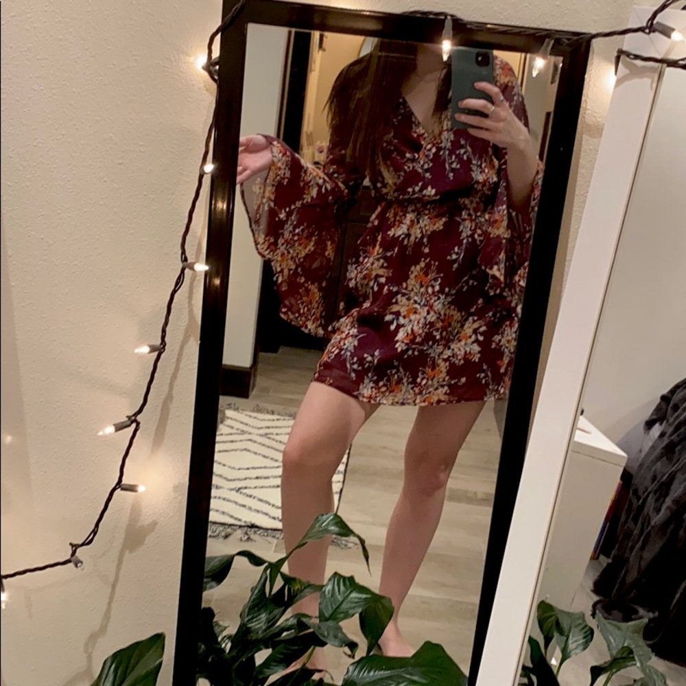 Purple Floral A-Line Wrap Dress with Bell Sleeves